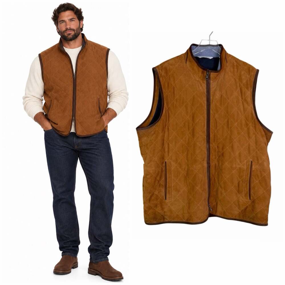 Peter Millar | Men’s Crown Suede Cognac Brown Leather Quilted Suede Vest XXL